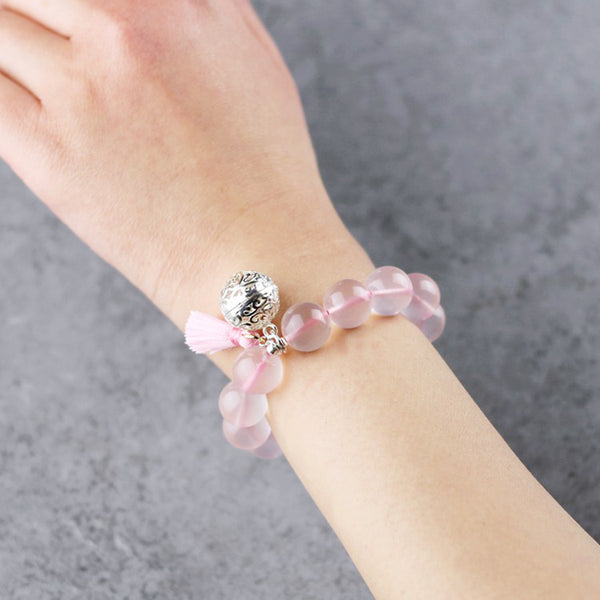 Sterling Silver Rose Quartz Crystal Beaded Bracelet Handmade Jewelry Women