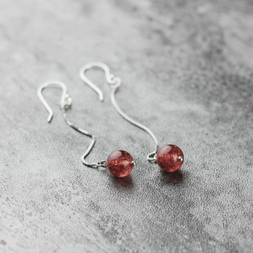 Sterling Silver Strawberry Quartz Crystal Drop Earrings Handmade Jewelry for Women