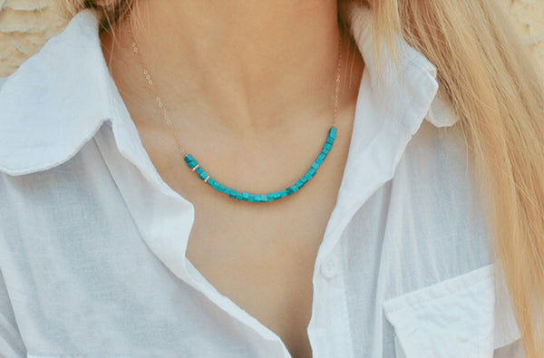 Turquoise Bead Pendant Necklace in 14K Gold Handmade Jewelry Women Accessories