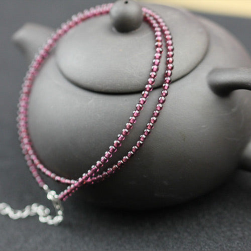 Double Strand Garnet Silver Beaded Bracelet Handmade Birthstone Jewelry for Women
