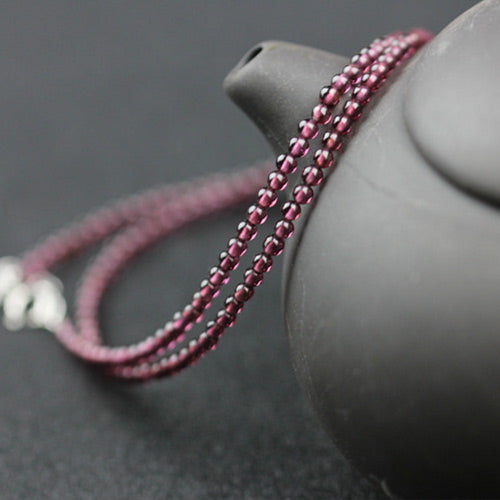 Double Strand Garnet Silver Beaded Bracelet Handmade Birthstone Jewelry for Women