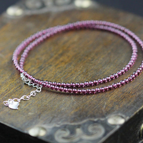 Double Strand Garnet Silver Beaded Bracelet Handmade Birthstone Jewelry for Women
