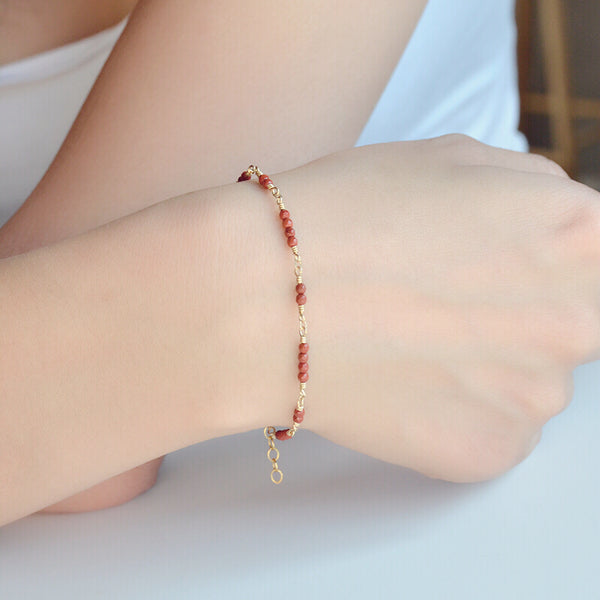 14K Gold Bracelet with Tiny Red Agate Gemstone Jewelry Accessories Gift for Women
