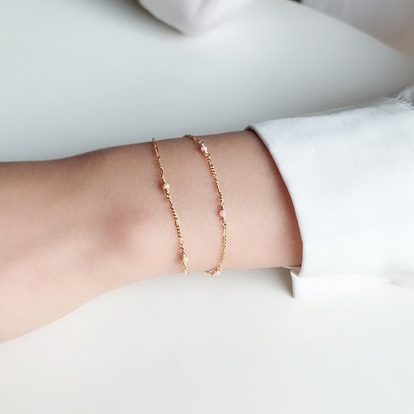 14K Gold Double Strand Bracelet with Tiny Rose Quartz Crystle Jewelry Accessories Women