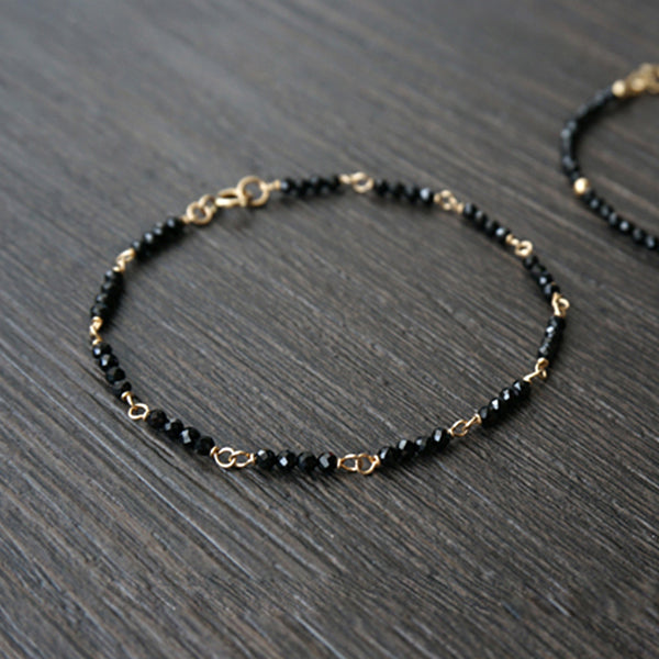 14K Gold Womens Black Spinel Beaded Bracelets Charm Bracelets for Women
