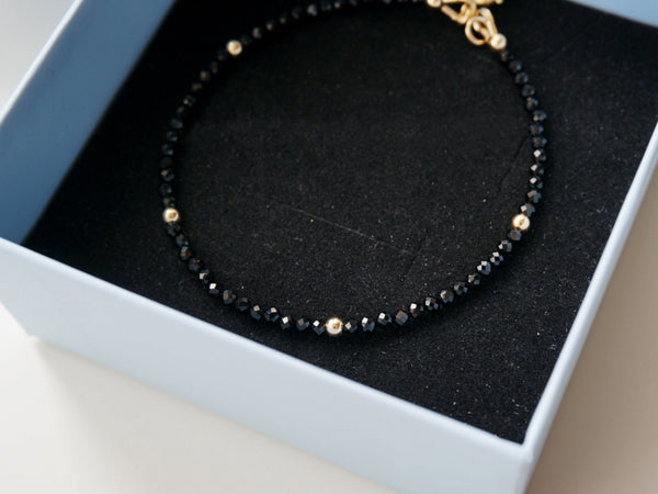 14K Gold Womens Black Spinel Beaded Bracelets Charm Bracelets for Women