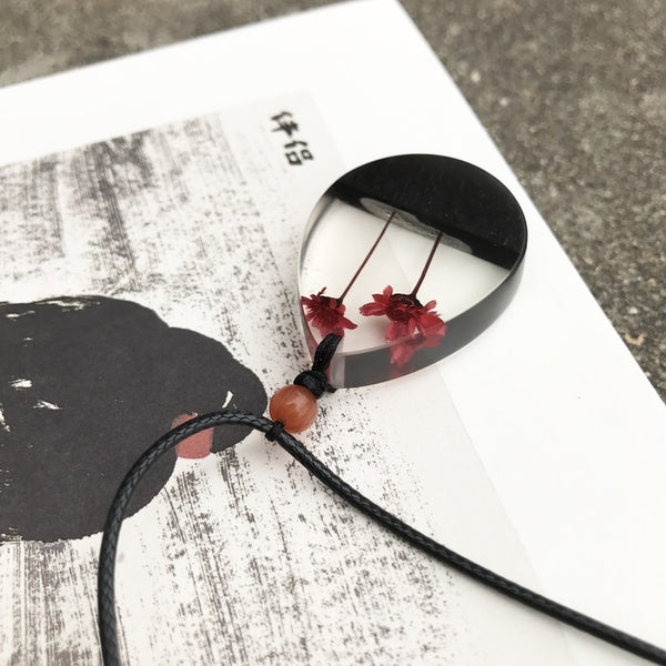 Herbage Resin Wood Pendant Necklace Handmade Jewelry Gift Women