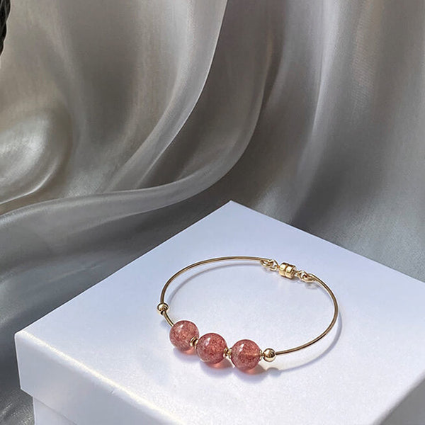 14K Gold Plated Womens Strawberry Quartz Crystal Bead Bracelet Bangle For Women