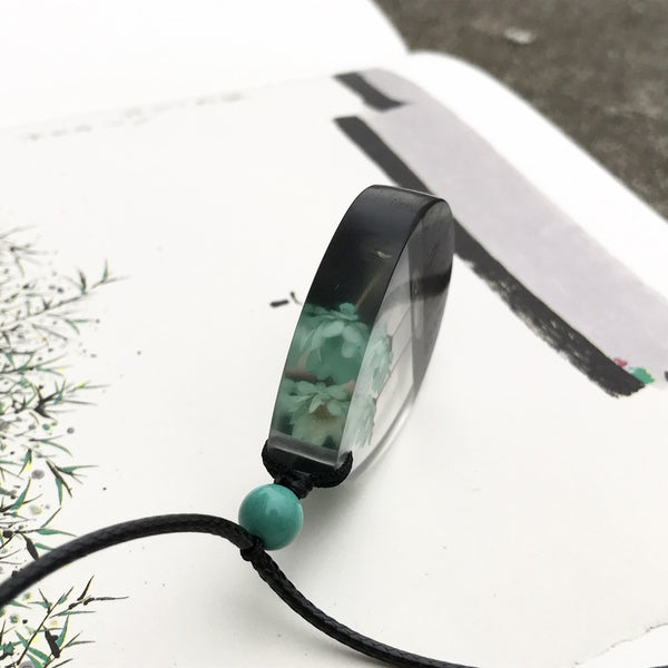 Herbage Resin Wood Pendant Necklace Handmade Jewelry Gift Women