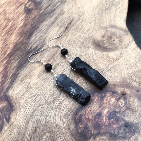 Handmade Raw Gemstone Onyx Drop Earrings in Silver Unique Jewelry for Women Men