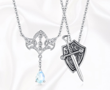 Princess and Knight Moonstone Topaz Pendant Necklace Couple Silver Necklace