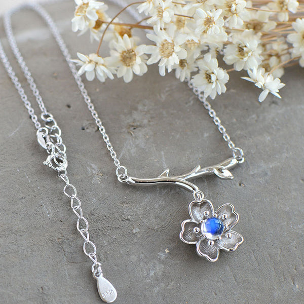 Moonstone Sakura Pendant Necklace in White Gold Plated Silver Jewelry Accessories Women