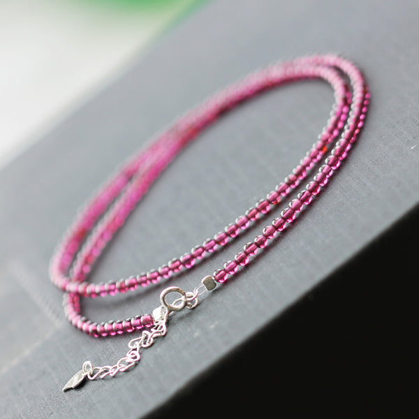 Double Strand Garnet Silver Beaded Bracelet Handmade Birthstone Jewelry for Women