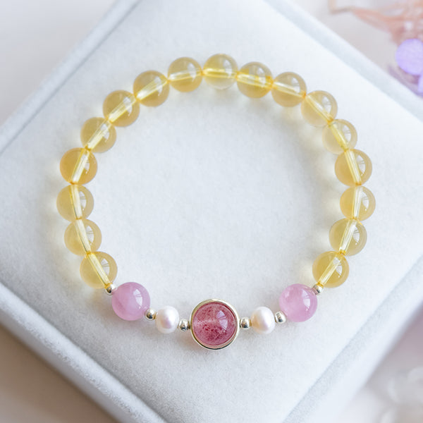 Citrine Strawberry Quartz Beaded Bracelet Handmade Jewelry Women