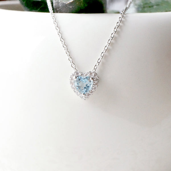 Blue Heart Aquamarine Pendant Necklace in White Gold Plated Silver Women