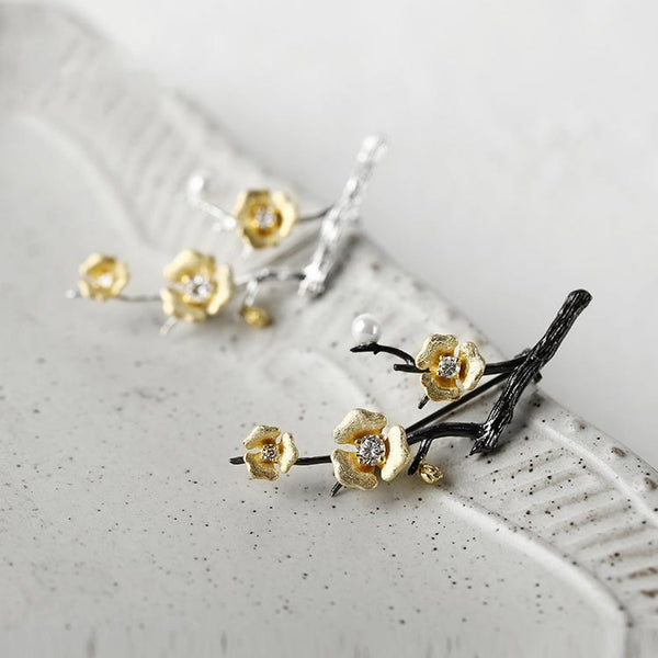 Gold Plum Blossom in Sterling Silver Brooch with Pearl and Zircon Unique Jewelry For Women