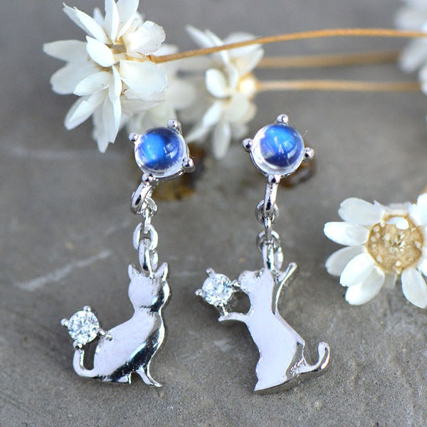 Cute Moonstone Zirconia Earrings in White Gold Plated Sterling Silver June Birthstone Jewelry For Women