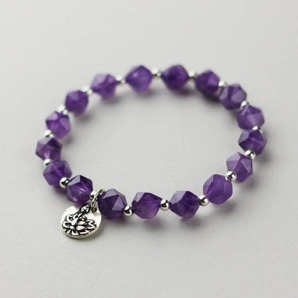 Faceted Amethyst Beaded Bracelet with Sterling Silver Handmade Jewelry Accessories Women