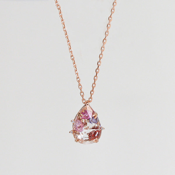 Pink Zircon and White Quartz Crystal Pendant Necklace in Gold Plated Silver Jewelry Women