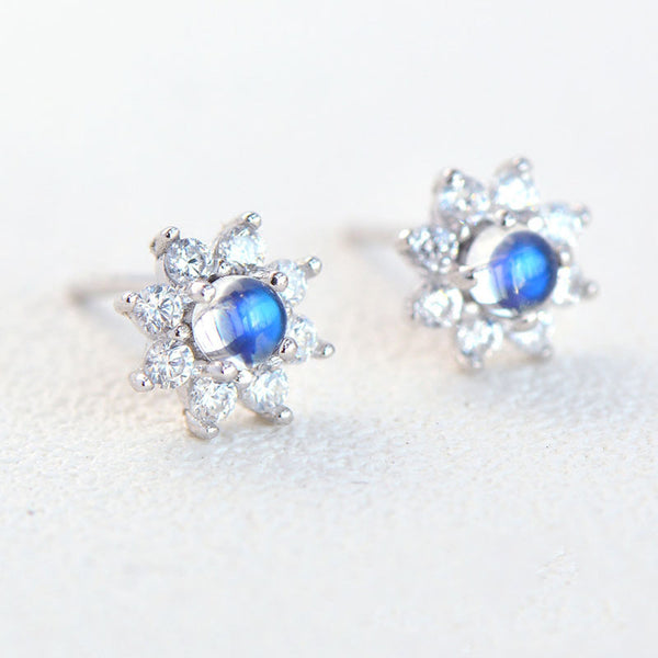 Moonstone Stud Earrings in White Gold Plated Sterling Silver Handmade Jewelry Women