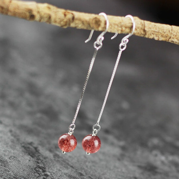 Sterling Silver Strawberry Quartz Crystal Drop Earrings Handmade Jewelry for Women