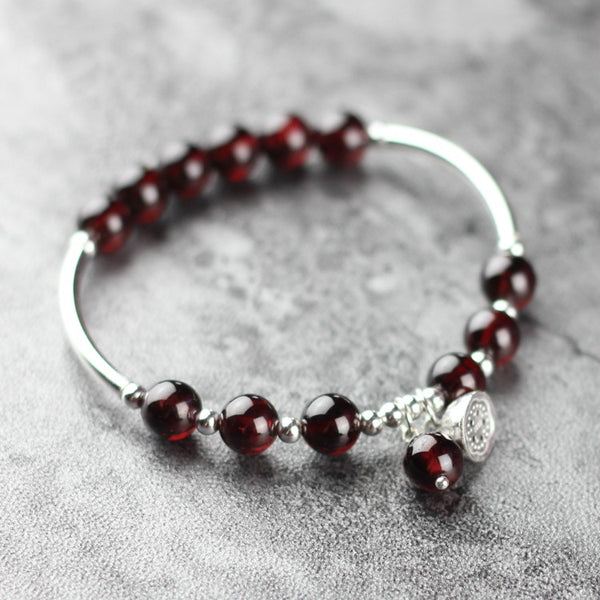 Sterling Silver Garnet Beaded Bracelet Handmade Jewelry January Birthstone for Women