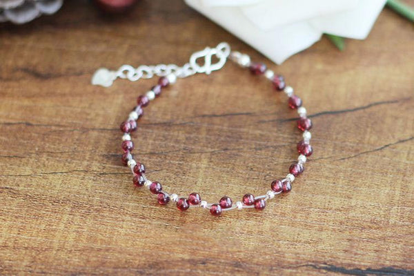 Sterling Silver Garnet Beaded Bracelet Unique Handmade Jewelry for Women