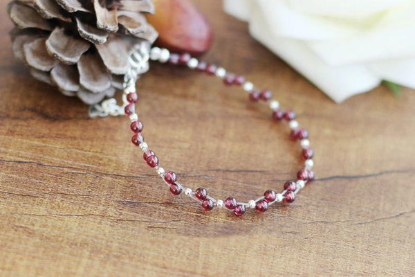 Sterling Silver Garnet Beaded Bracelet Unique Handmade Jewelry for Women
