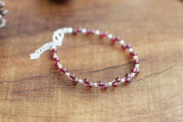 Sterling Silver Garnet Beaded Bracelet Unique Handmade Jewelry for Women