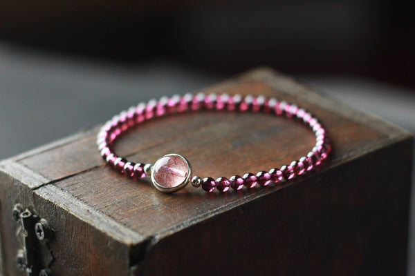 Sterling Silver Garnet Strawberry Quartz Beaded Bracelet Unique Handmade Jewelry Women
