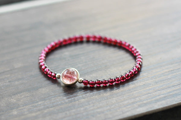 Sterling Silver Garnet Strawberry Quartz Beaded Bracelet Unique Handmade Jewelry Women