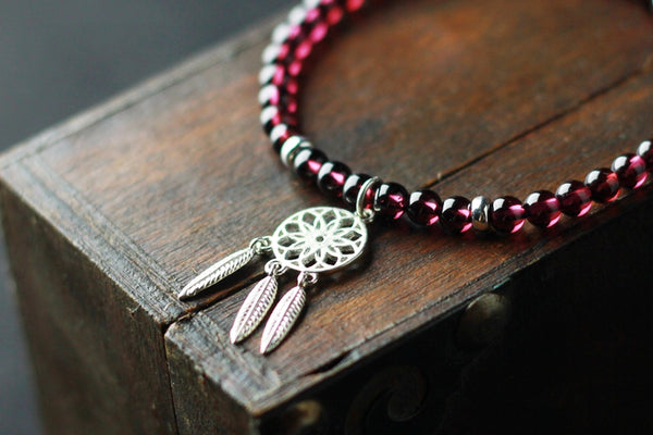 Sterling Silver Dream Catch Garnet Beaded Bracelet Handmade Jewelry for Women