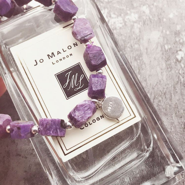 Raw Charoite Beaded Bracelet with Sterling Silver Handmade Jewelry Accessories Women