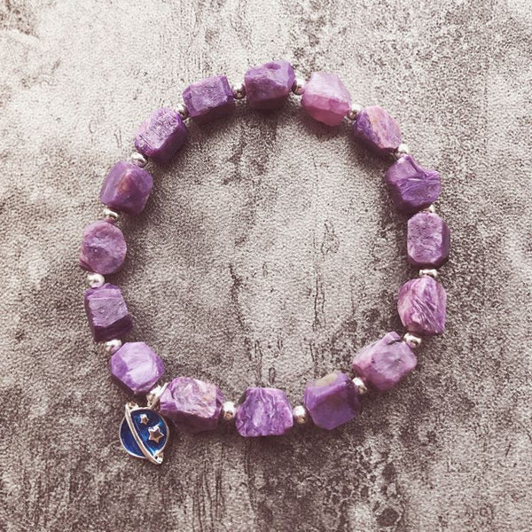 Raw Charoite Beaded Bracelet with Sterling Silver Handmade Jewelry Accessories Women