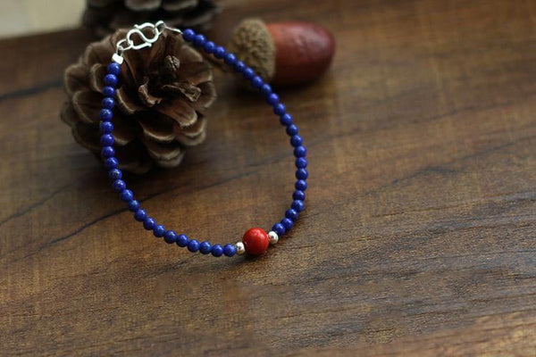 Sterling Silver Lapis Lazuli Cinnabar Bead Bracelet Handmade Jewelry Accessories Women