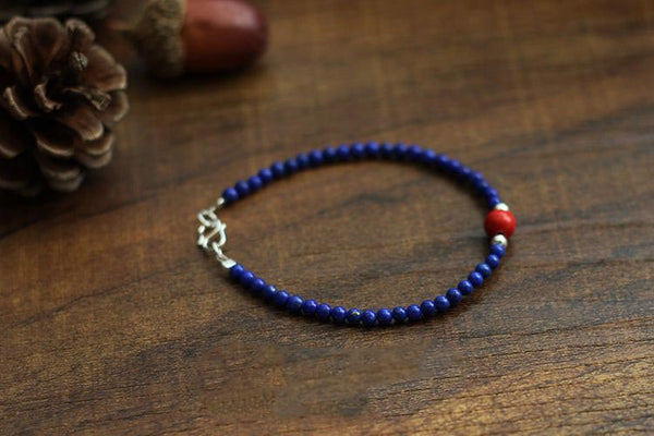 Sterling Silver Lapis Lazuli Cinnabar Bead Bracelet Handmade Jewelry Accessories Women