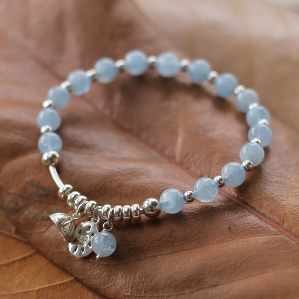 Sterling Silver Aquamarine Beaded Bracelet Handmade Jewelry for Women