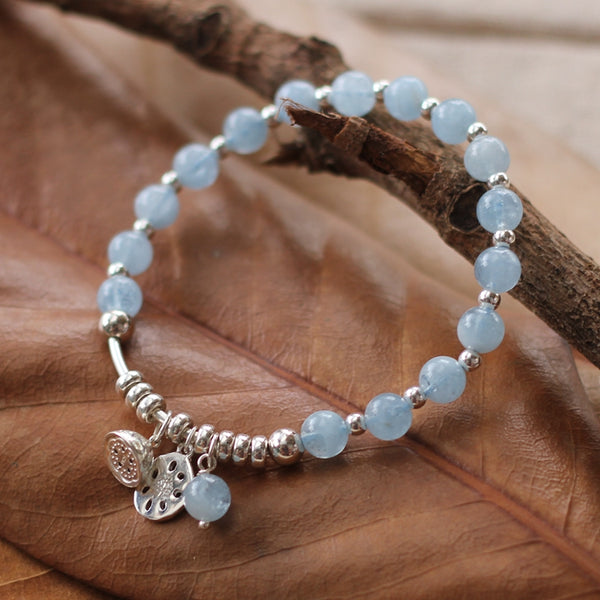 Sterling Silver Aquamarine Beaded Bracelet Handmade Jewelry for Women