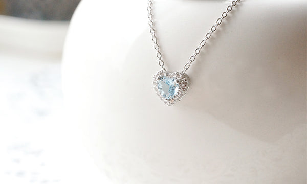 Blue Heart Aquamarine Pendant Necklace in White Gold Plated Silver Women