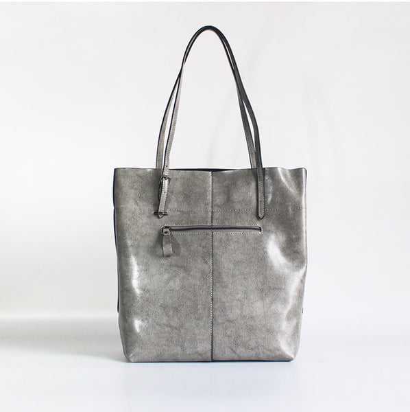 Zip Top Womens Grey Leather Shoulder Tote Bags Purse Handbags for Women