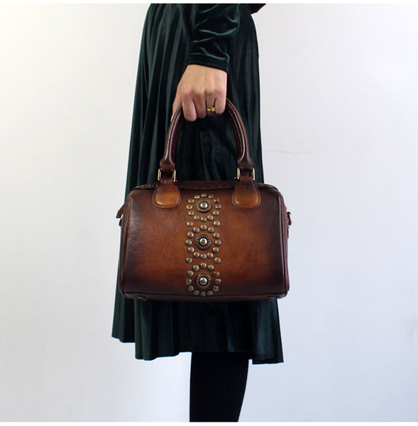 Rivets Womens Designer Handbags Brown Leather Shoulder Bag for Women