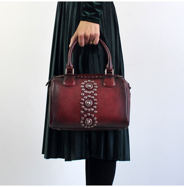 Rivets Womens Designer Handbags Brown Leather Shoulder Bag for Women