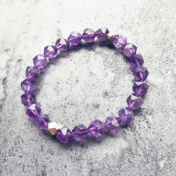 Faceted Amethyst Beaded Bracelet with Sterling Silver Handmade Jewelry Accessories Women