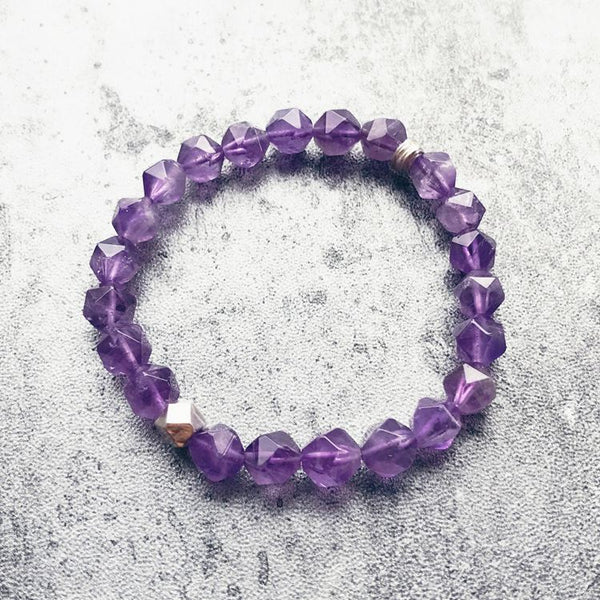 Faceted Amethyst Beaded Bracelet with Sterling Silver Handmade Jewelry Accessories Women