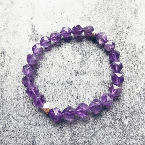 Faceted Amethyst Beaded Bracelet with Sterling Silver Handmade Jewelry Accessories Women