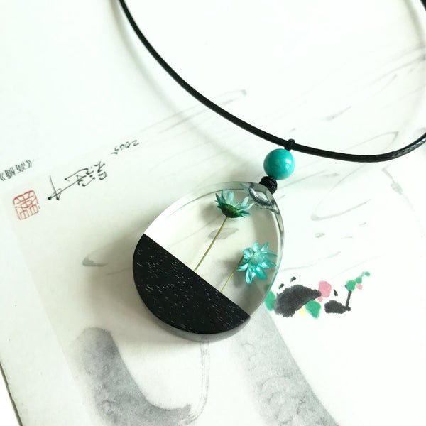 Herbage Resin Wood Pendant Necklace Handmade Jewelry Gift Women