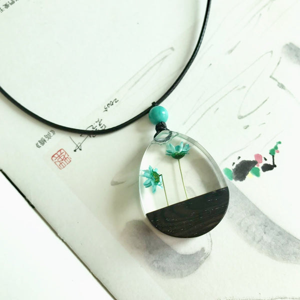 Herbage Resin Wood Pendant Necklace Handmade Jewelry Gift Women