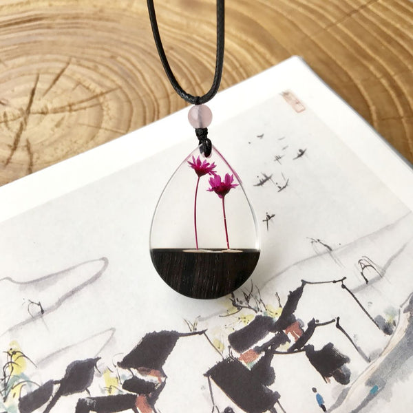 Herbage Resin Wood Pendant Necklace Handmade Jewelry Gift Women