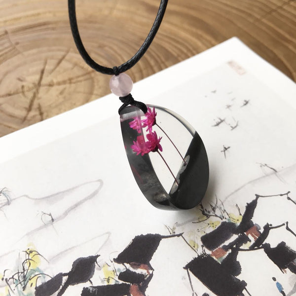 Herbage Resin Wood Pendant Necklace Handmade Jewelry Gift Women