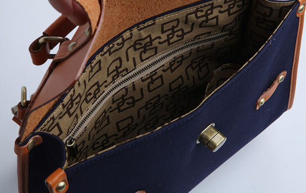 Vintage Womens Canvas Satchel Bag With Leather Flap Cross Body Messenger Bag